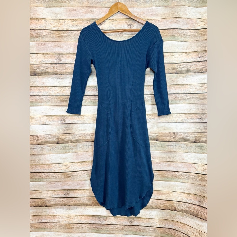 Free People Beach Navy Blue Waffle Open Ruched Back Tie Back  Dress Size Medium